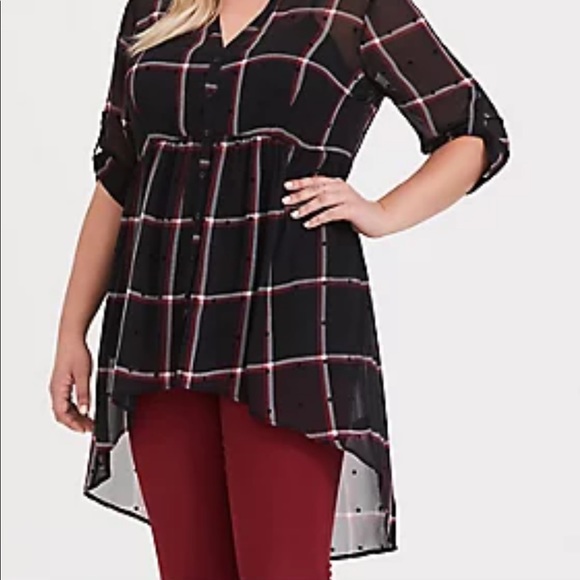 Torrid Sheer Chiffon Plaid Lexie Polka Dot Babydoll Blouse Tunic Size 1X - Picture 3 of 8